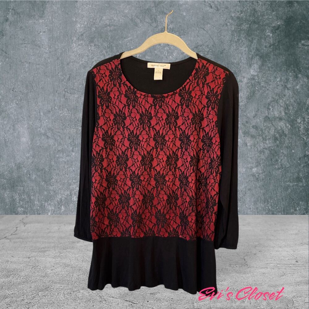 August Silk Red Black Lace Overlay Front Top Sz L 3/4 Sleeve Round Neck Holiday